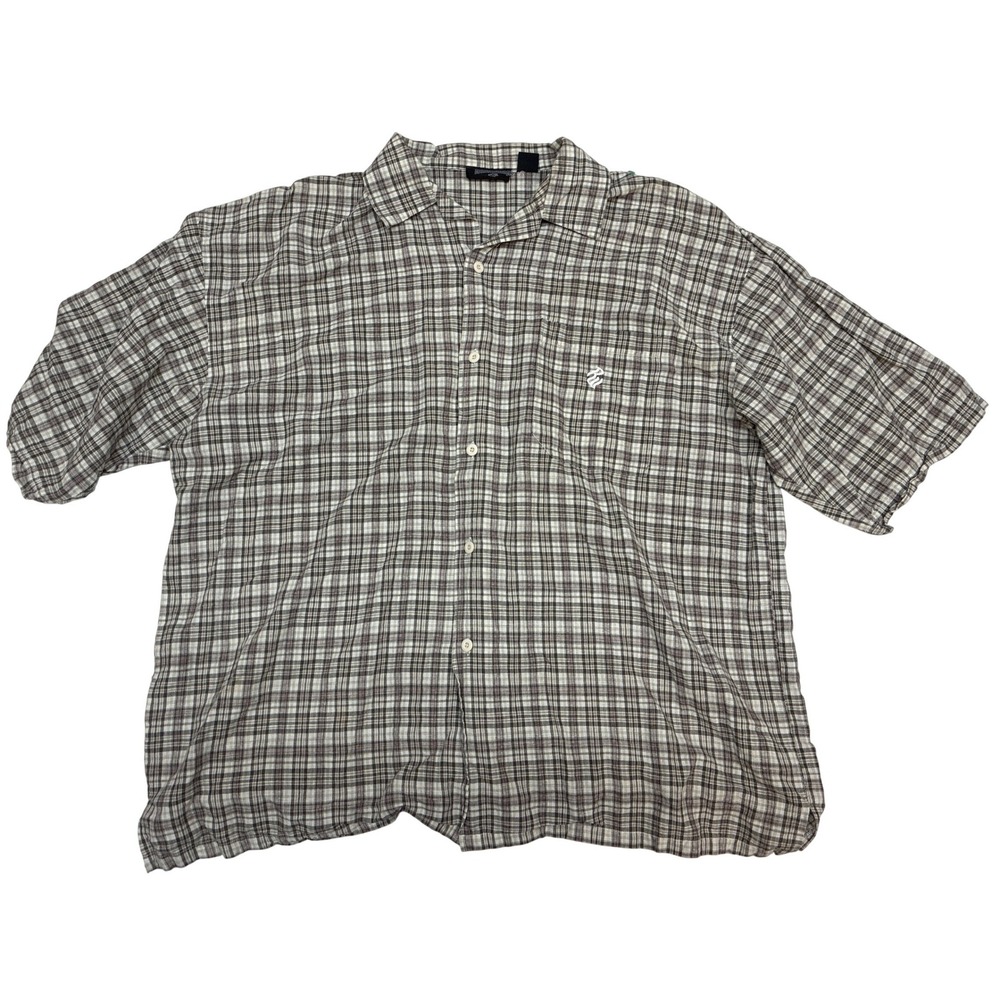 Rocawear Mens 3XL Plaid Button Down Shirt Linen Blend Short Sleeve Brown Tan